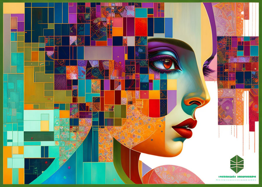 Vibrant digital art portrait of a woman with geometric patterns