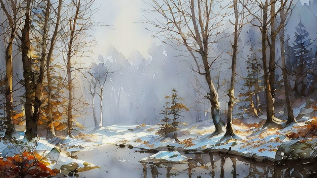 Tranquil watercolor painting of snowy forest scene with reflective pond