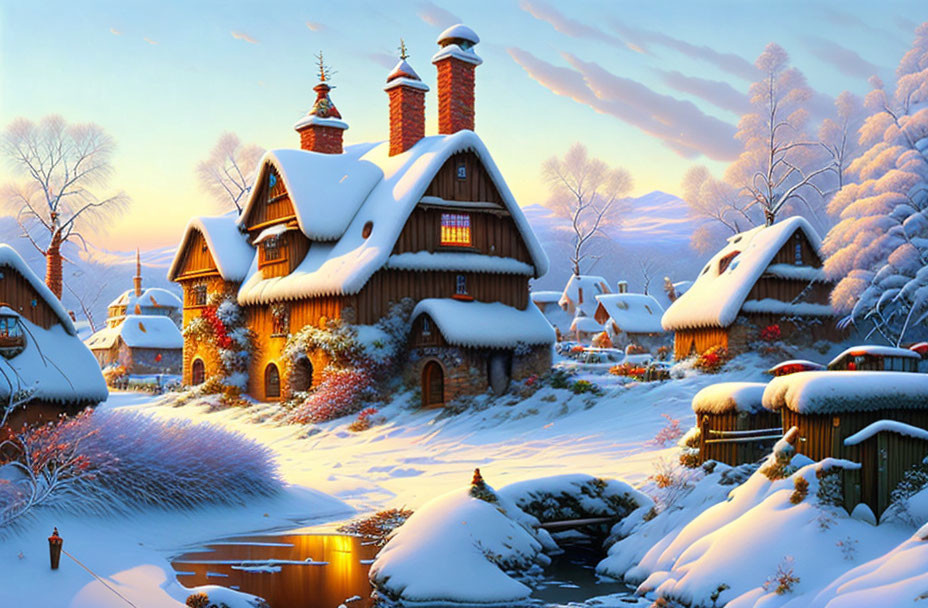 Snowy village scene with cozy cottages, serene river, and wintry landscape