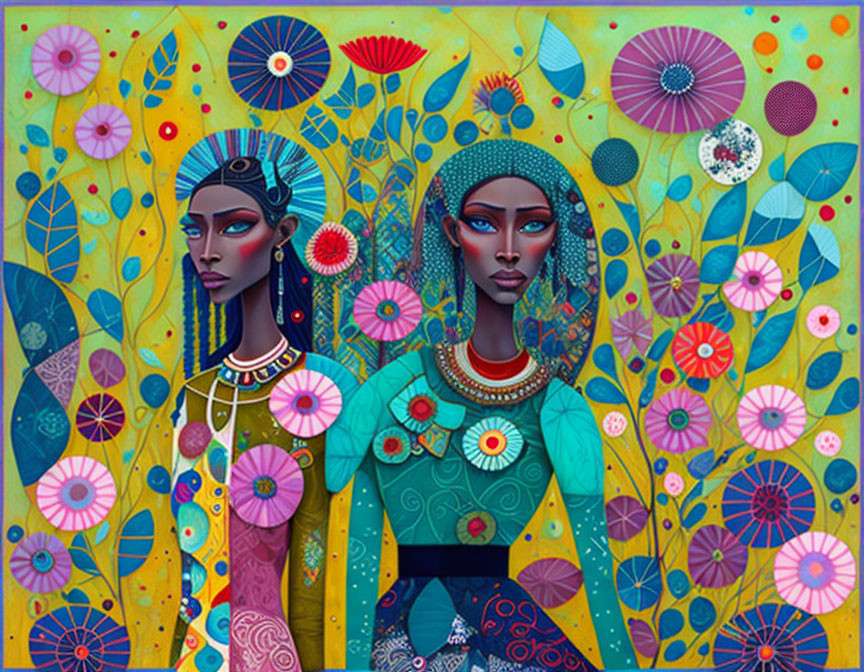 Stylized female figures in vibrant floral backdrop.