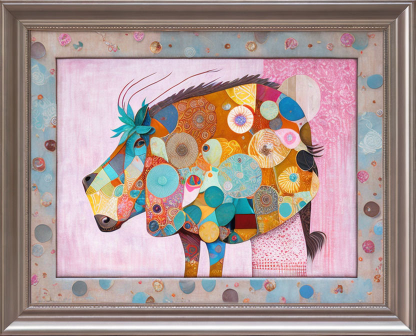 Colorful Patchwork Horse Painting on Pink Background