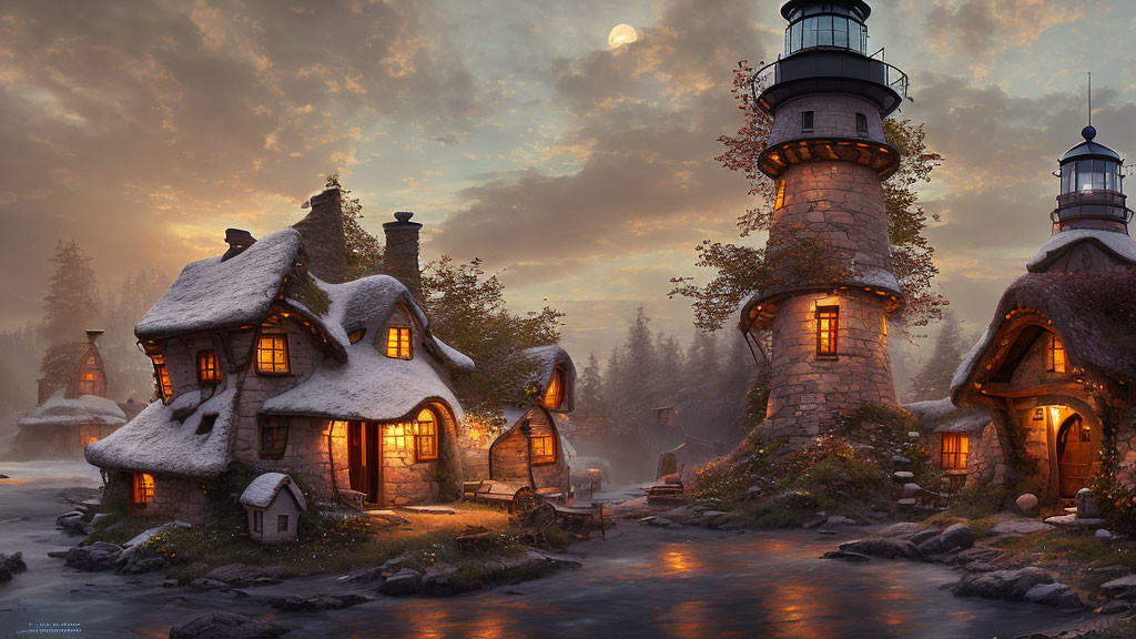 Moonlit fantasy scene: Thatched cottages and stone lighthouse by river at dusk