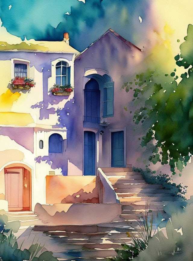 Colorful Watercolor Painting: Quaint Two-Story House with Blue Door