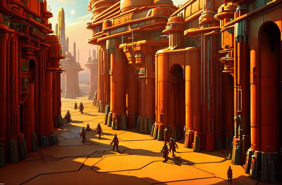 Modern cityscape with towering structures and bustling streets at sunset