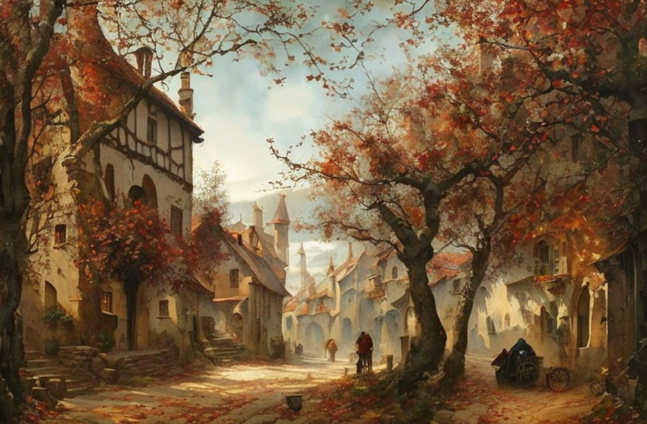 Medieval village with cobblestone streets and autumnal trees