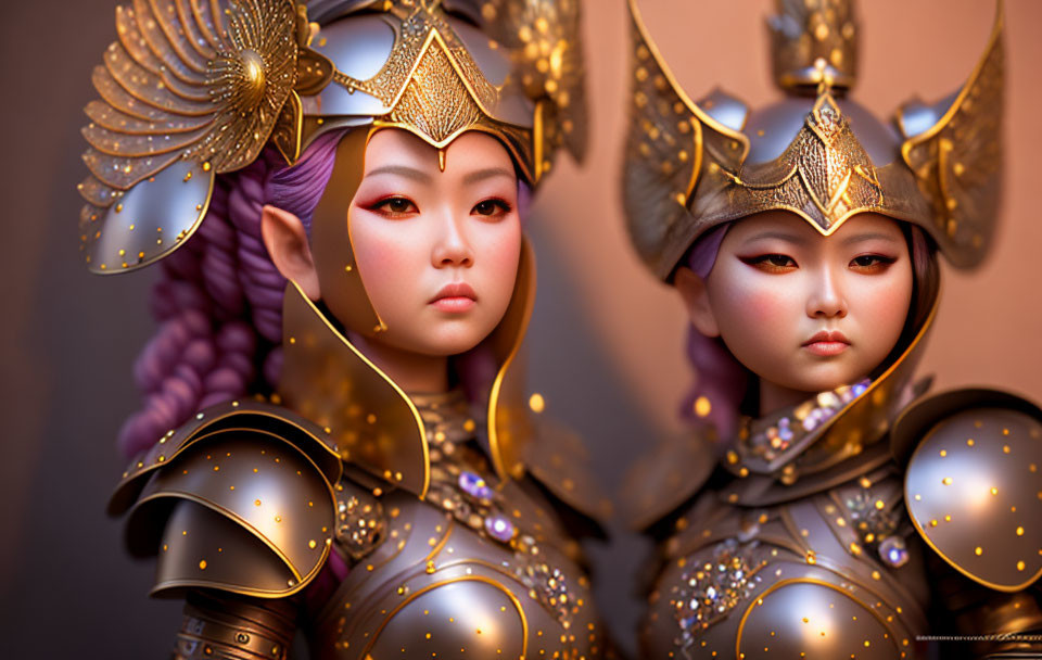 Stylized characters in elaborate golden armor with gemstone accents