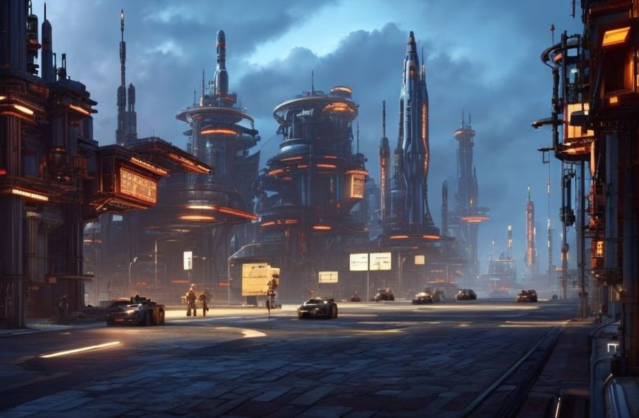 Futuristic cityscape at dusk with skyscrapers, signs, flying vehicles, and bustling street