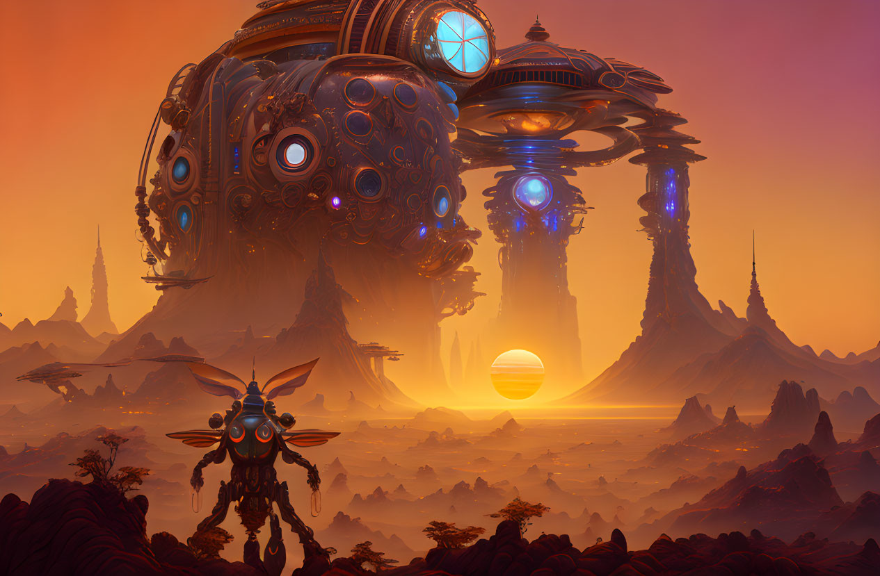 Alien landscape with floating structure, spire formations, and humanoid insect figure.