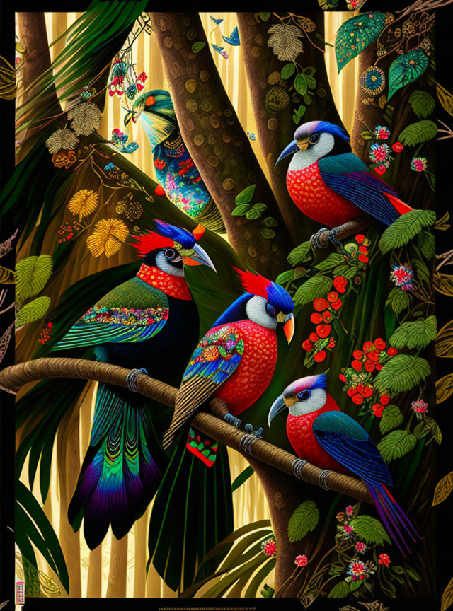 Colorful digital artwork featuring exotic birds in intricate patterns amid lush foliage and lanterns.