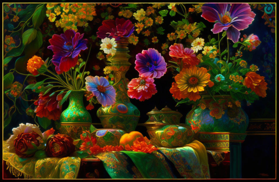 Colorful Flowers and Fruits in Ornate Vases on Dark Background