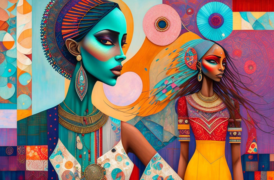 Colorful illustration of two women with intricate patterns and jewelry in blue, orange, and red tones