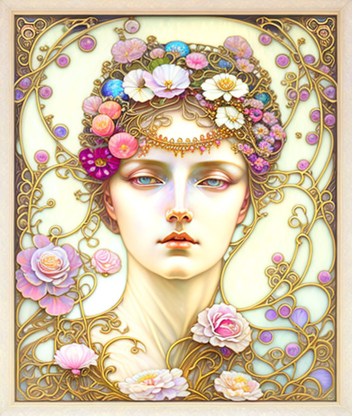 Detailed Art Nouveau Woman with Floral Crown and Jewelry Illustration