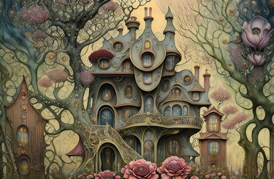 Fantasy treehouse illustration with organic shapes and stylized nature elements