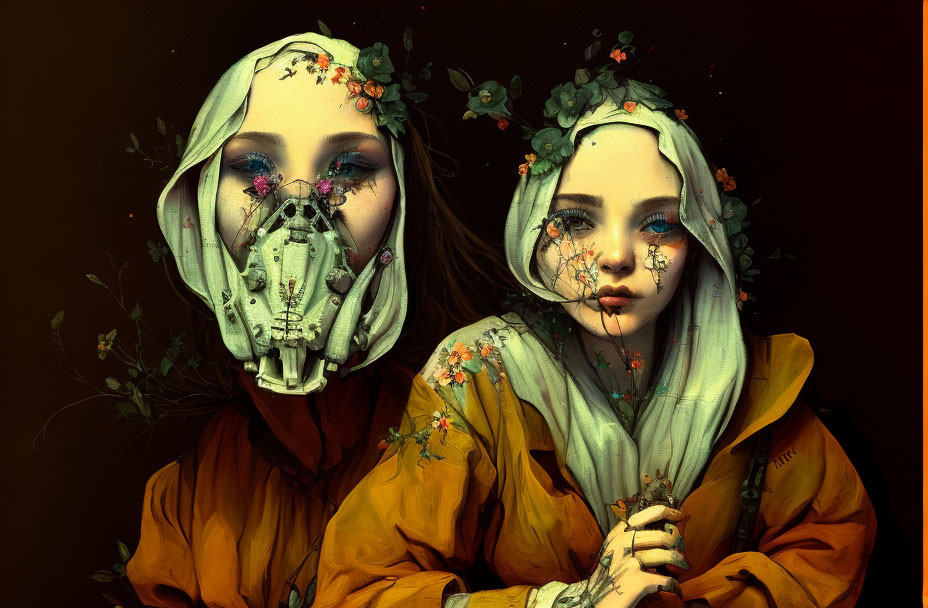 Two women wearing floral masks and green headscarves on dark background