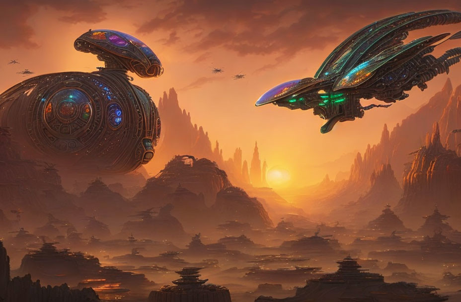 Sunset sci-fi landscape with alien spacecrafts above rocky terrain