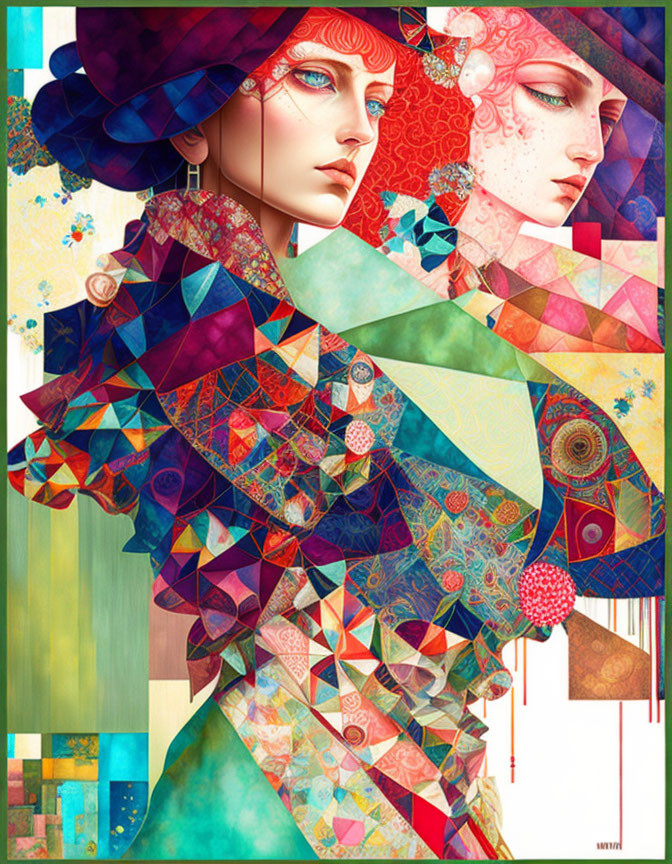 Stylized female figures in vibrant colors with intricate patterns and hats