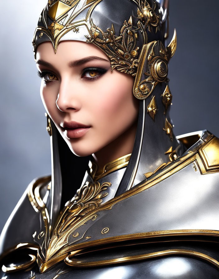 Detailed Close-Up of Person in Ornate Golden Armor and Helmet