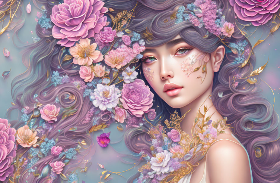 Digital illustration: Woman with flowing hair and floral adornment in pink and purple on pastel background