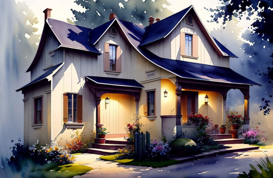 White Two-Story Cottage with Blue Trimmings in Twilight Scene