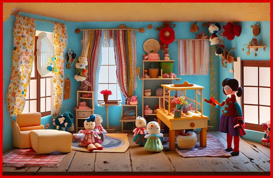Vibrant 3D-rendered child's room with toys, bear, armchair, and