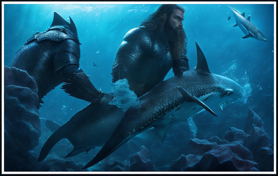 Bearded man in dark armor rides large shark underwater