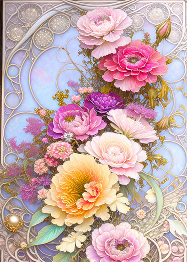 Vibrant pink, violet, and yellow flowers with swirling patterns on pastel backdrop