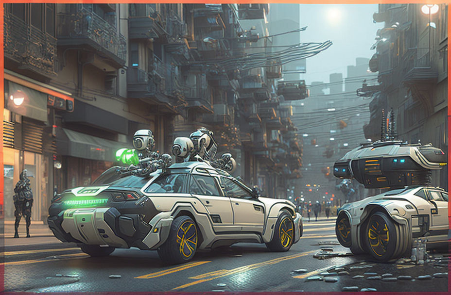 Futuristic cityscape with advanced vehicles, robots, and high-tech police car