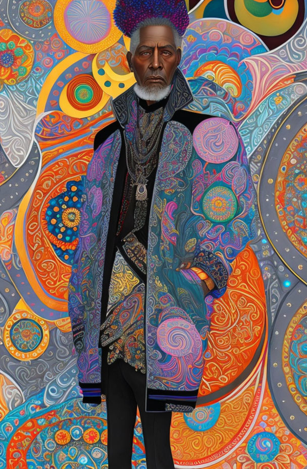 Solemn person in colorful ornate coat against vibrant patterned background