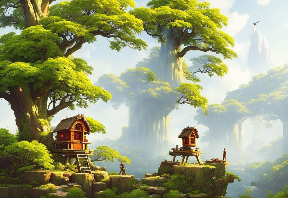Mystical forest with towering trees, waterfalls, wooden house, and person