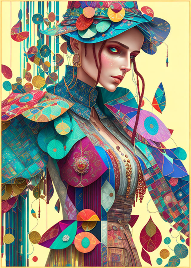 Vibrant digital illustration of a woman in ornate attire