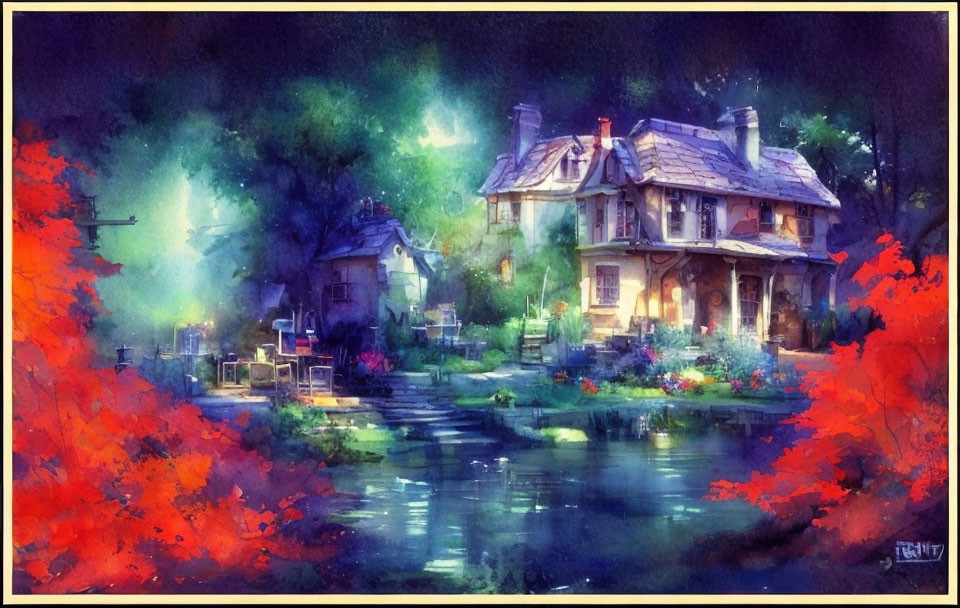 Vibrant watercolor painting: illuminated house by river at twilight