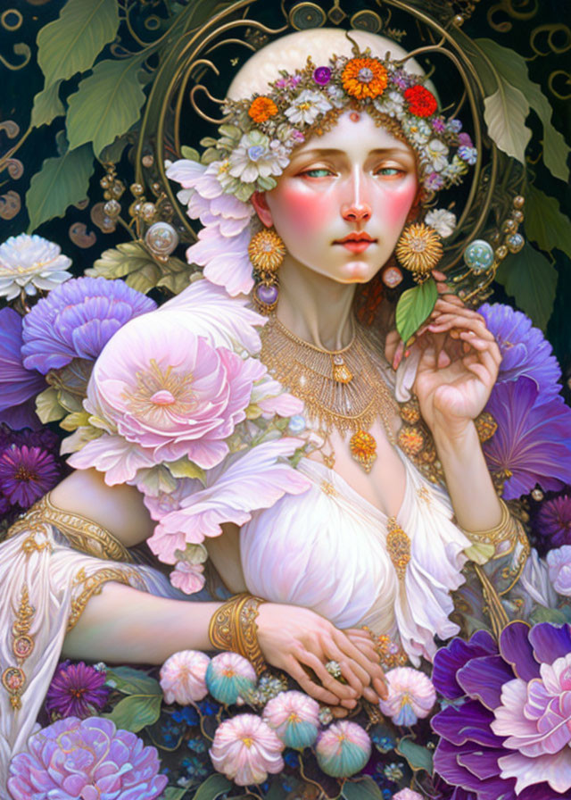 Woman with floral headdress and gold jewelry in serene setting.