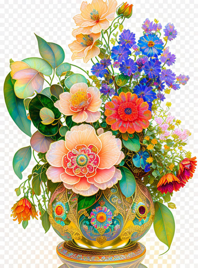 Assorted Flowers in Ornate Vase on Transparent Background