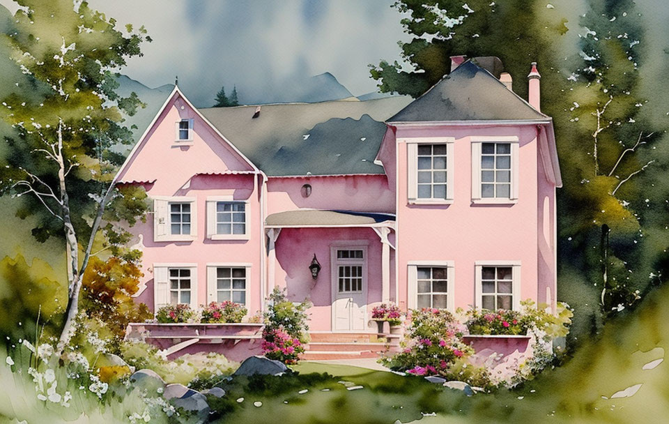 Quaint pink two-story house in watercolor landscape