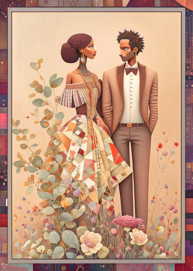 Stylish Couple in Colorful Attire Against Floral and Geometric Background