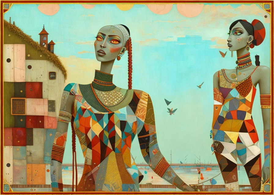 Stylized female figures with patterned skin in surreal background