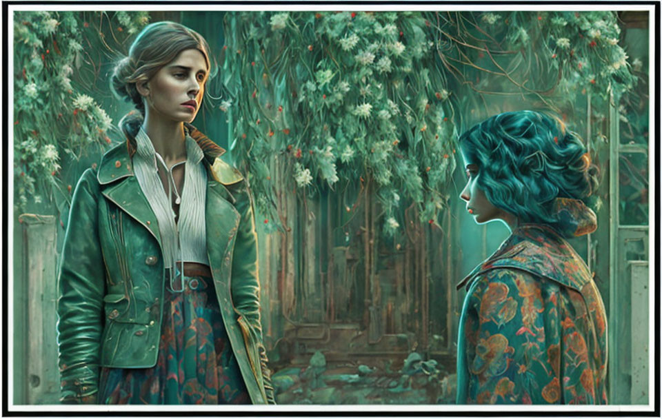 Two women in stylish jackets in mystical greenery-filled room