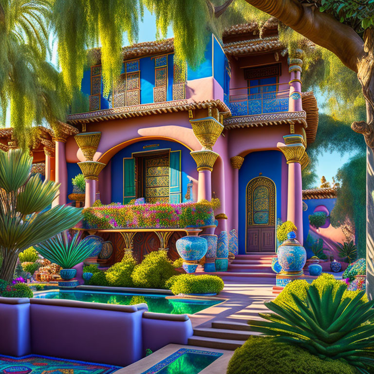 Colorful Moroccan-style Villa with Lush Gardens & Decorative Tiles