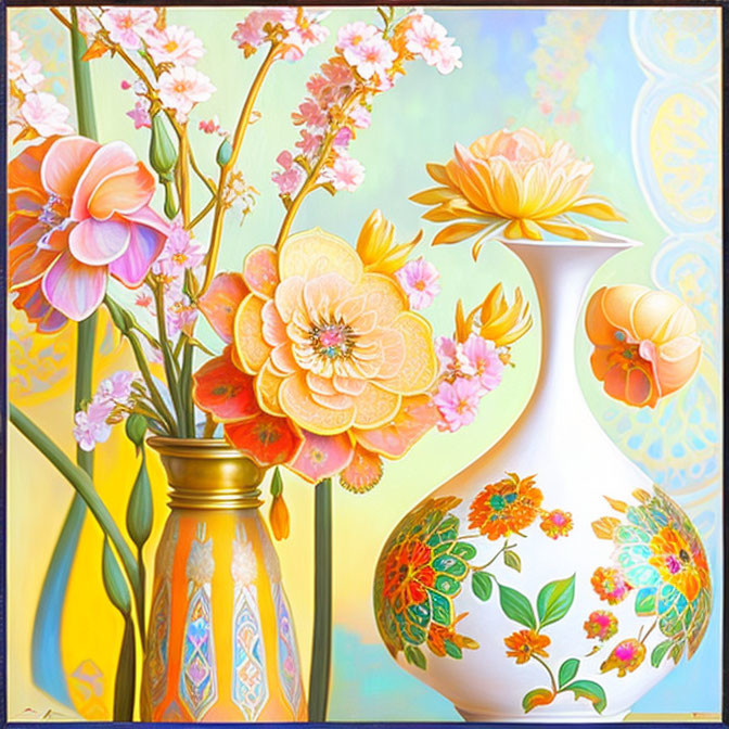 Colorful floral painting with white vase on yellow and blue background