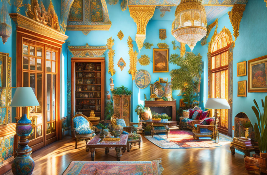 Luxurious Blue and Gold Decor with Elaborate Traditional Design