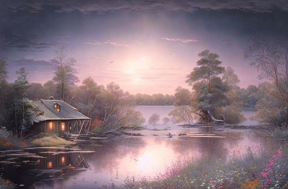 Tranquil Sunset Landscape with Cabin, Lake, Trees, Flowers, and Boat