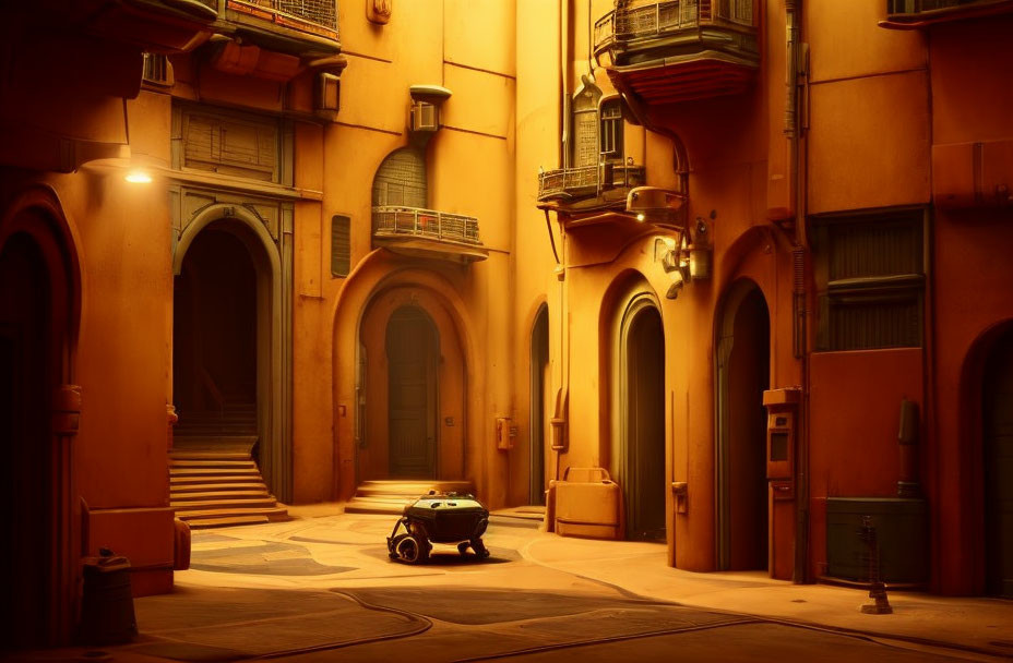 Quiet street scene with terracotta buildings, balconies, archways, and lone robot.