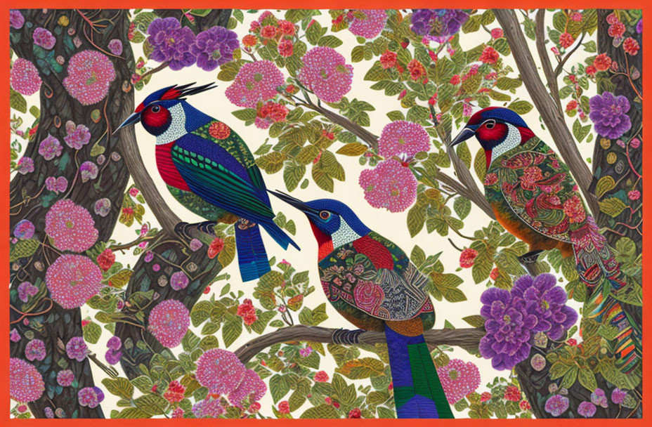 Vibrant exotic birds on branches with colorful flowers and foliage