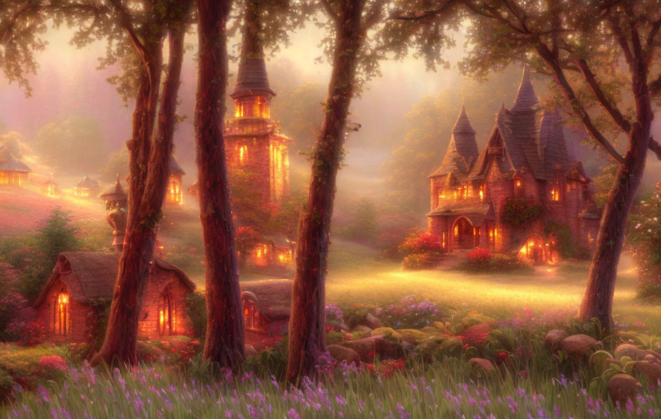 Twilight scene with illuminated towers and cottages in a blooming meadow