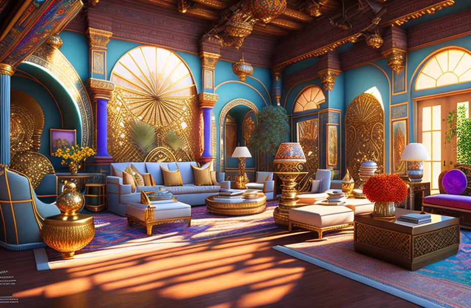 Opulent blue and gold themed room with elegant furniture and intricate patterns