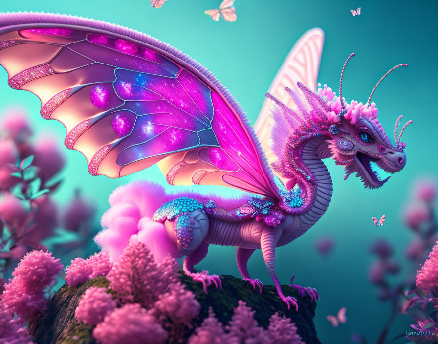 Colorful digital artwork: Whimsical purple dragon with sparkling wings on mossy rock among pink flora