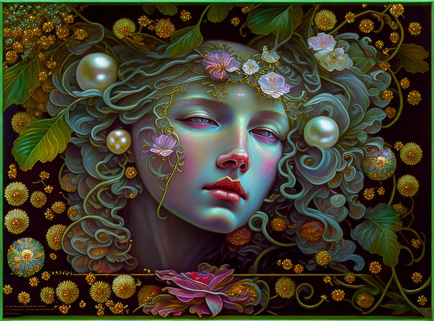 Ethereal artwork of person with flora in hair, vibrant greens, golds, pearls