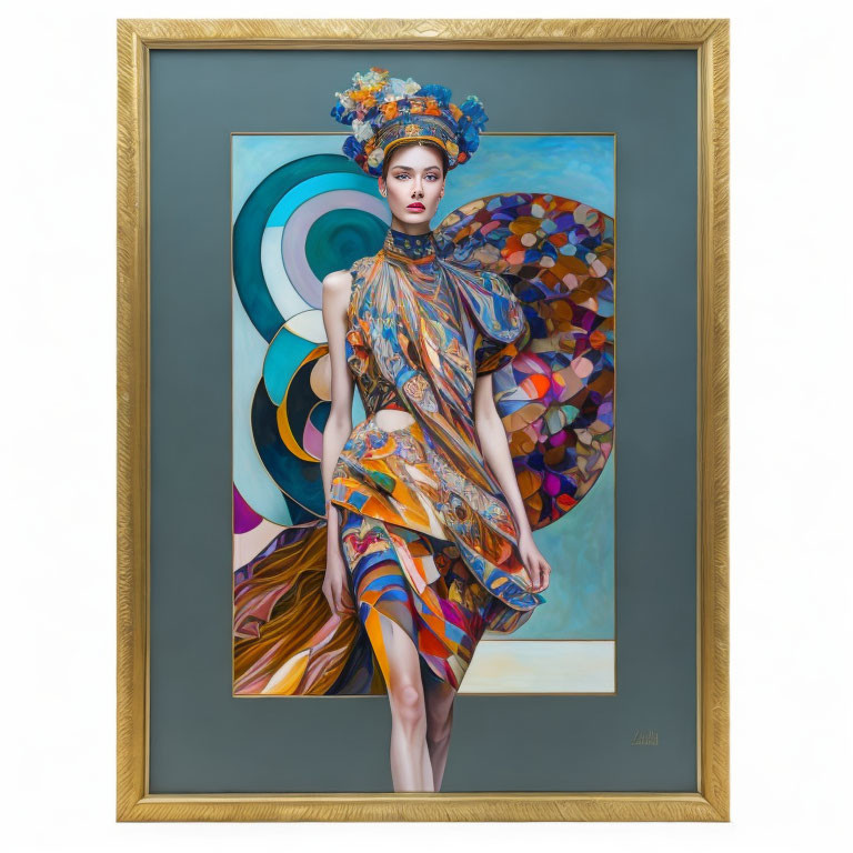 Colorful woman portrait with abstract patterned garment in gold frame