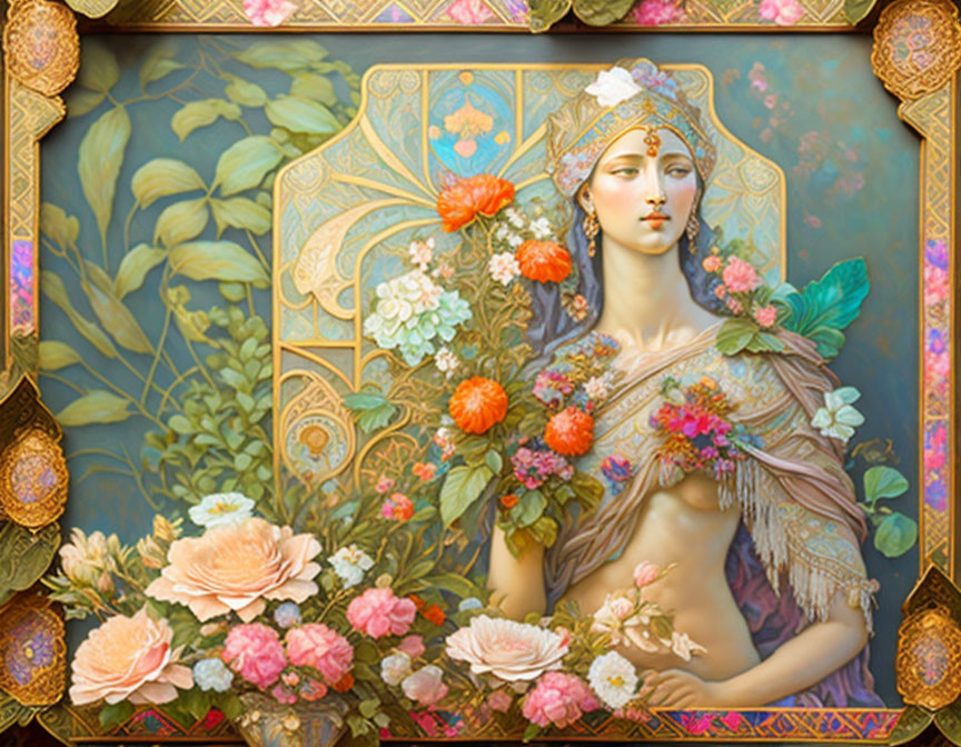 Pensive woman with ornate headgear and colorful flowers in decorative frame