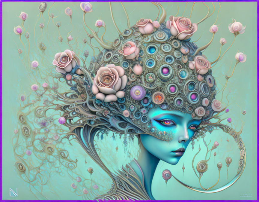 Blue-skinned female with intricate headdress in surreal artwork